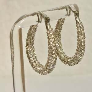Vtg Sterling Silver Pave CZ Crystal Oval Hoop Earrings 1"